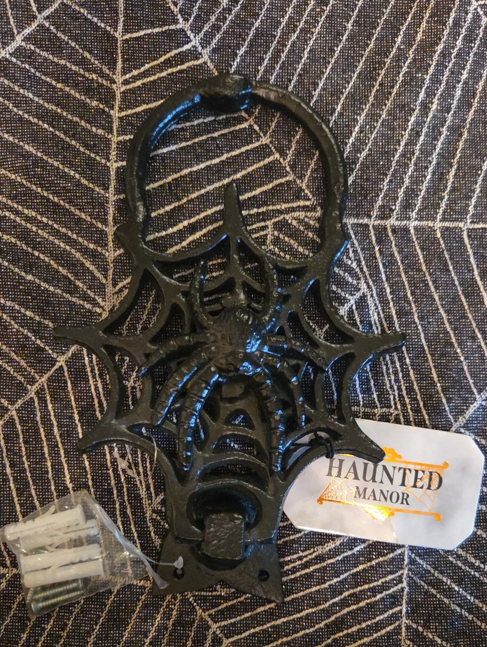 NEW HAUNTED MANOR Spider Web Cast Iron Door Knocker Black Halloween